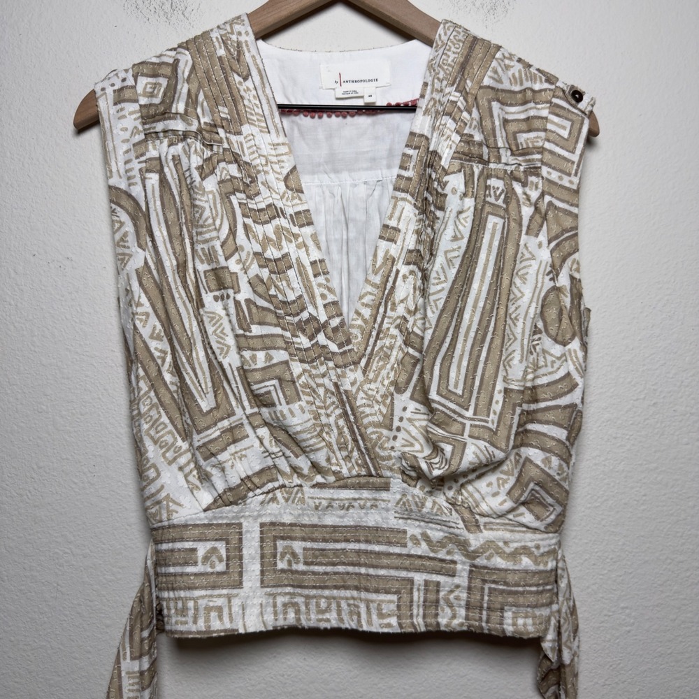 Anthropologie Women 100% Cotton Top XS Tan White Geometric Surplice Boho Western - Picture 2 of 11